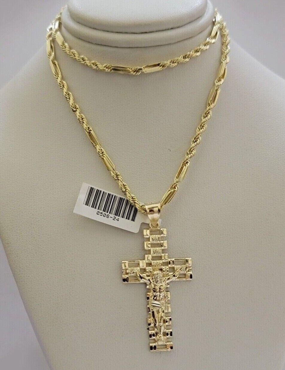 10k Gold Milano Rope Chain Jesus Cross Charm Pendant Set 18 - 24'' Inches Necklace - GoldenlinQ